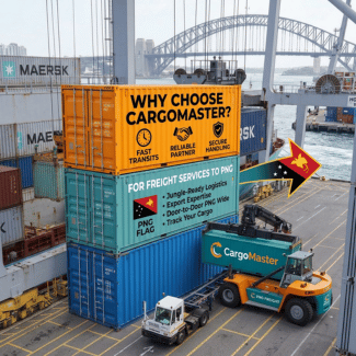 CargoMaster-branded container and freight equipment at a shipping port.