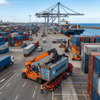 Port equipment loads a shipping container onto a truck among stacked containers. | Freight Forwarding to PNG