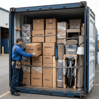 Person loading boxes and wrapped household belongings into a shipping container | Freight Forwarding to PNG