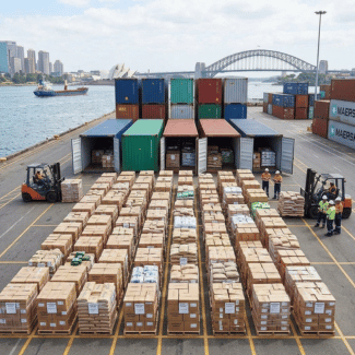 Palletised freight and shipping containers at a waterfront cargo terminal. | Shipping to PNG