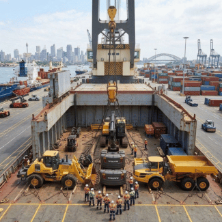 Heavy construction machinery secured inside a ship’s cargo hold. | Shipping to PNG