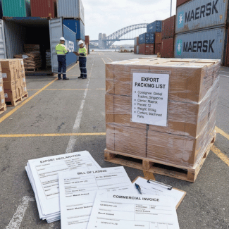 Export paperwork beside a wrapped pallet at a shipping container terminal.