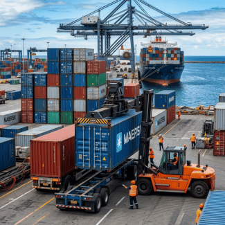 Container ship and shipping containers at a commercial port for freight services to Papua New Guinea. | Freight Forwarding to PNG