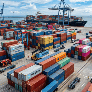 Rows of shipping containers at a port beside cranes and a container ship. | Freight Forwarding to PNG