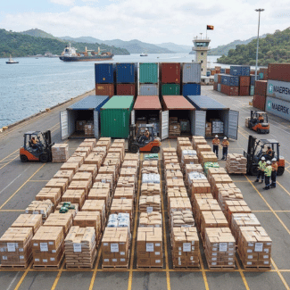 Palletised cargo and shipping containers at a waterfront port in Papua New Guinea. | Shipping to PNG