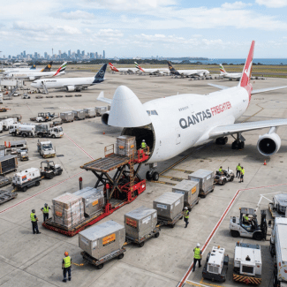 Qantas freighter being loaded with cargo on an airport apron. | Shipping to PNG